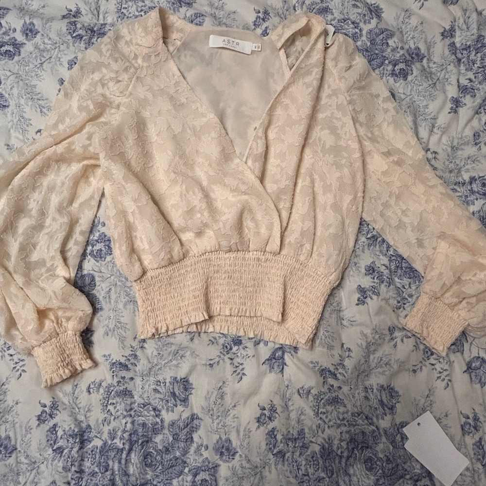 Astr Crochet Lace Wrap Blouse in Blush Cream